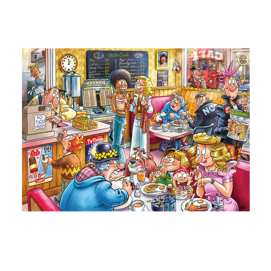 Cartoon-style restaurant scene with characters enjoying a meal.