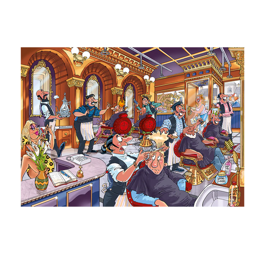 Cartoon-style barbershop with multiple barbers and customers.