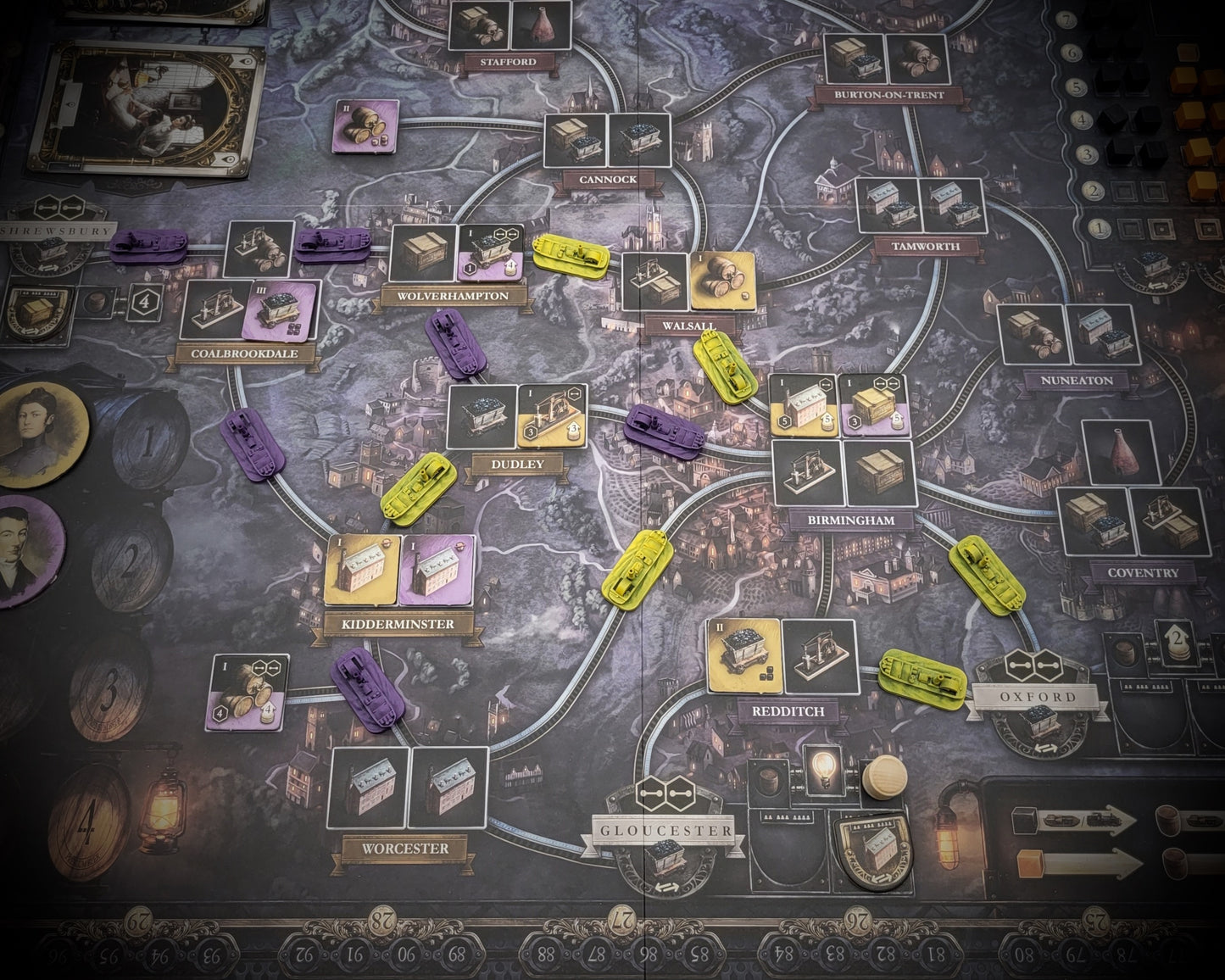 Brass Birmingham upgraded player pieces on board