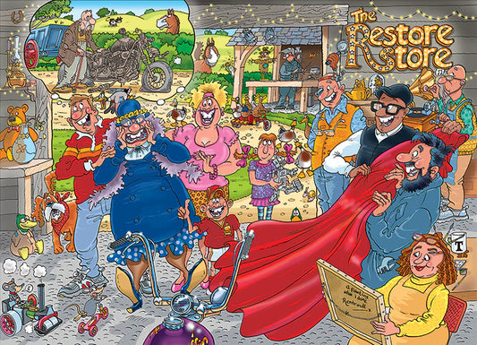 Cartoon-style illustration of a group of people in a store setting with various objects and characters.