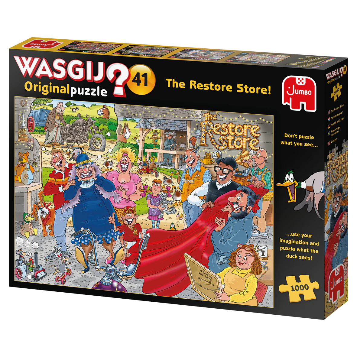 Jumbo Wasgij Original puzzle box featuring 'The Restore Store' with colorful characters and a cartoon store setting.