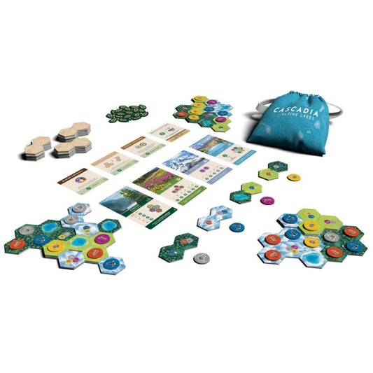 Board game components including hexagonal tiles and cards on a white background