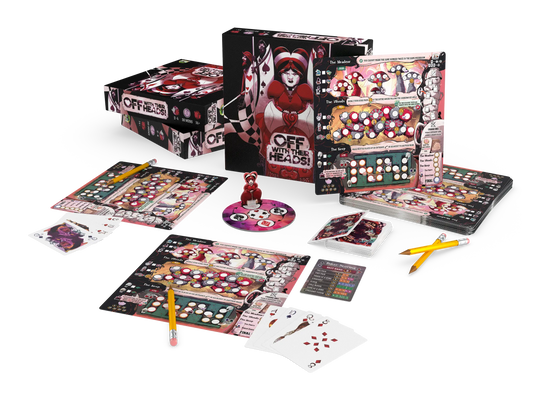 Board game off with their heads set with colorful components on a white background