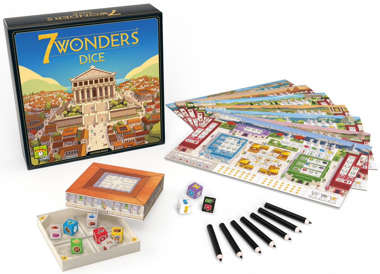 7 Wonders Dice board game set with packaging, dice, and components on a white background