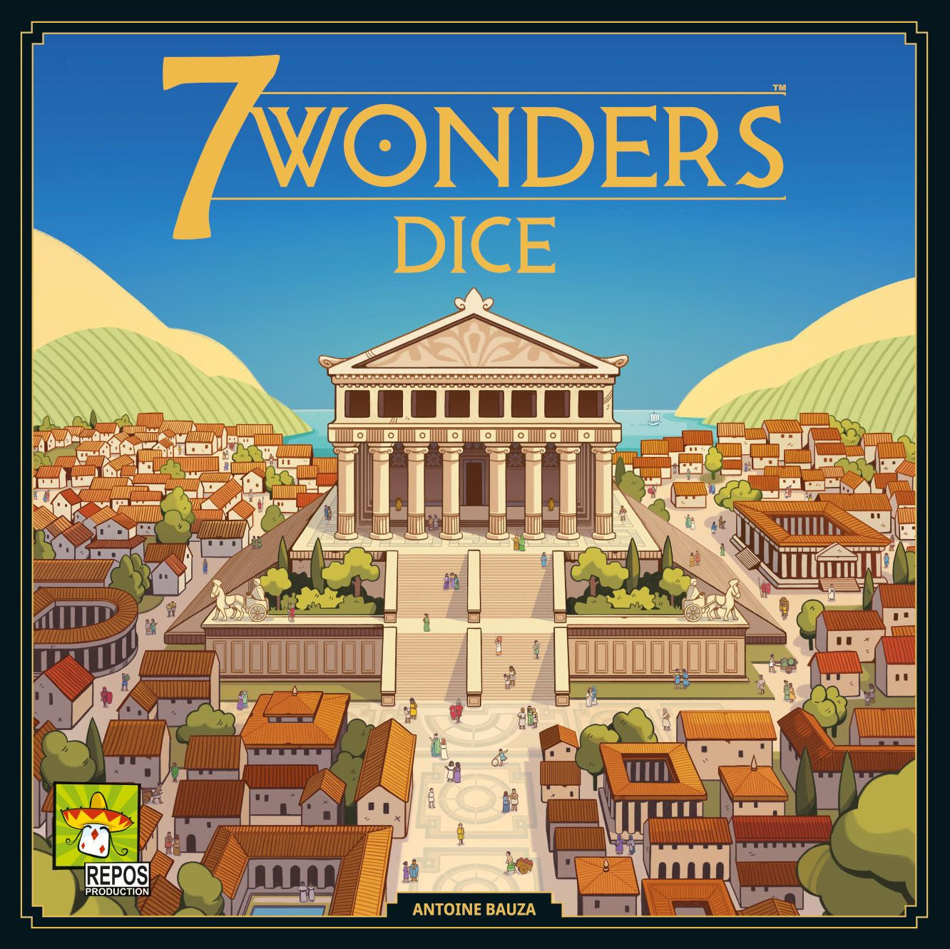 Board game box for '7 Wonders Dice' with a temple and town illustration.