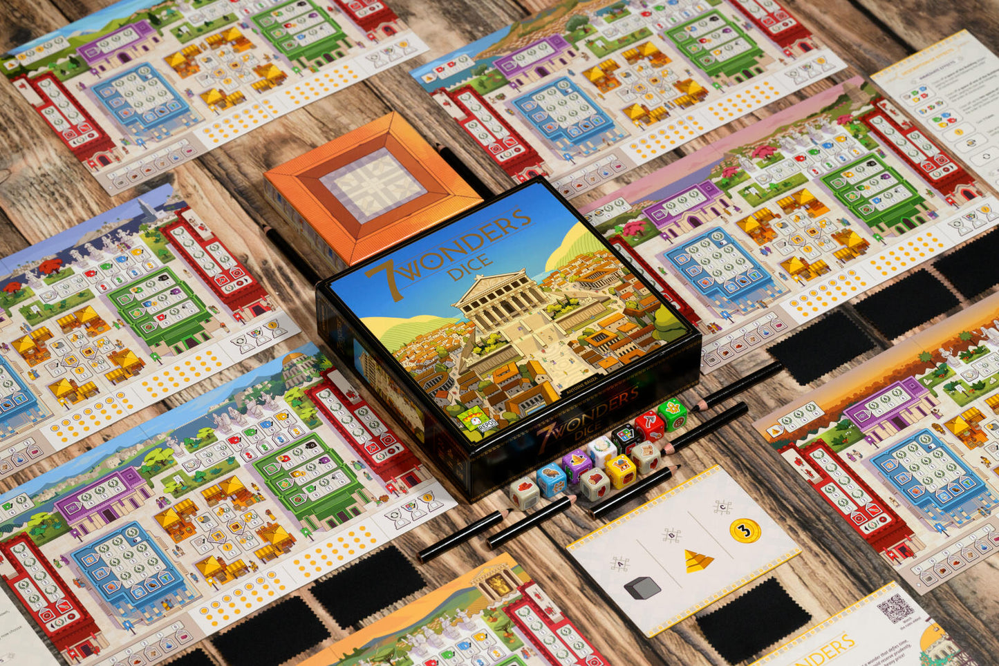 Board game with cards and pieces on a wooden surface