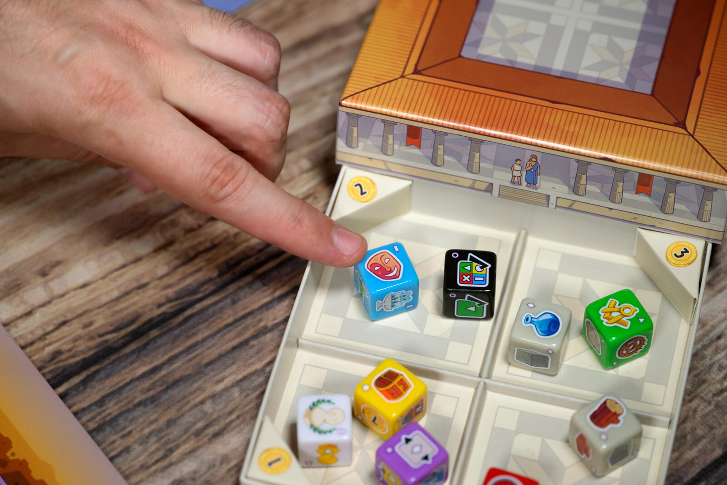 Board game dice set with colorful dice on a wooden surface