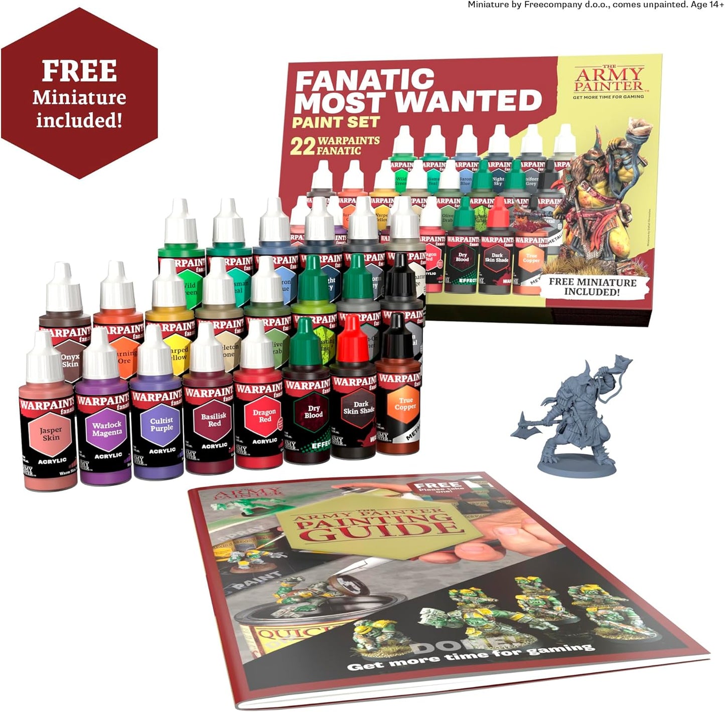 Collection of Warpaints with 'Fanatic Most Wanted' paint set and Army Painter book on a white background