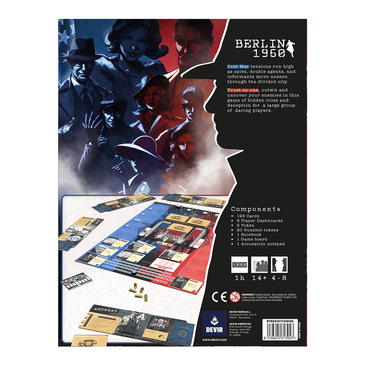 Board game packaging with characters and components on a white background