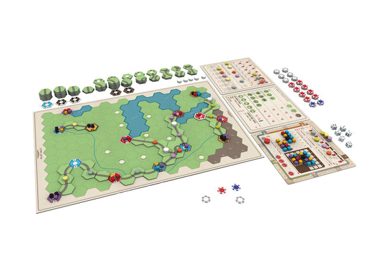 Age of Steam Board game with a map and various game pieces on a white background