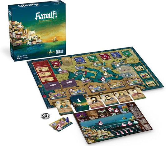 Board game 'Amalfi' with components and packaging on a white background