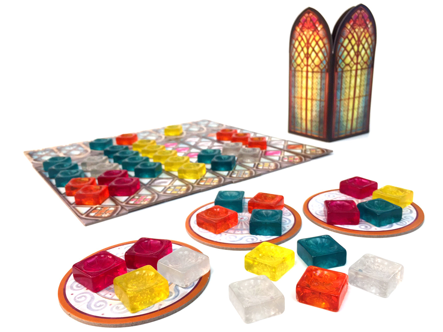 Board game set with colorful game pieces and a decorative archway on a white background