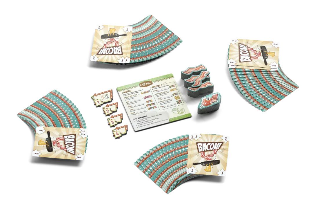 Bacon-themed party supplies including napkins, cards, and a menu on a white background