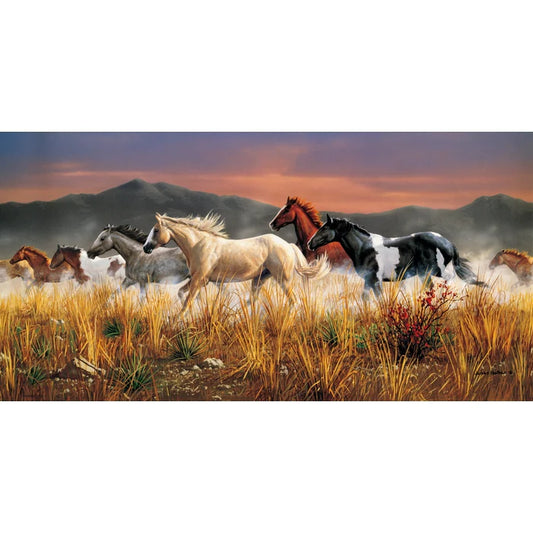 Painting of horses running through a grassy field with mountains in the background