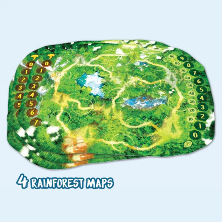 Canopy board game with Two rainforest maps with numbered paths on a light blue background