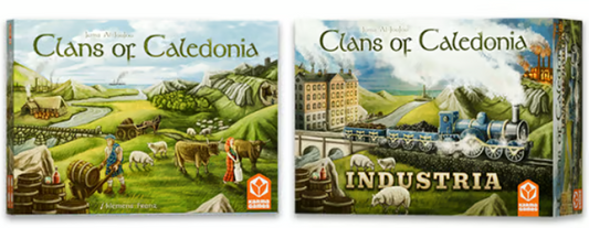 Two board game boxes titled 'Clans of Caledonia' with illustrations of landscapes and buildings.