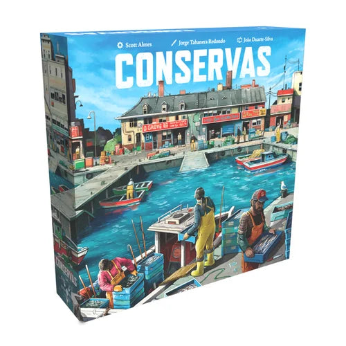 Board game box titled 'Conservas' with a colorful illustration of a harbor scene.