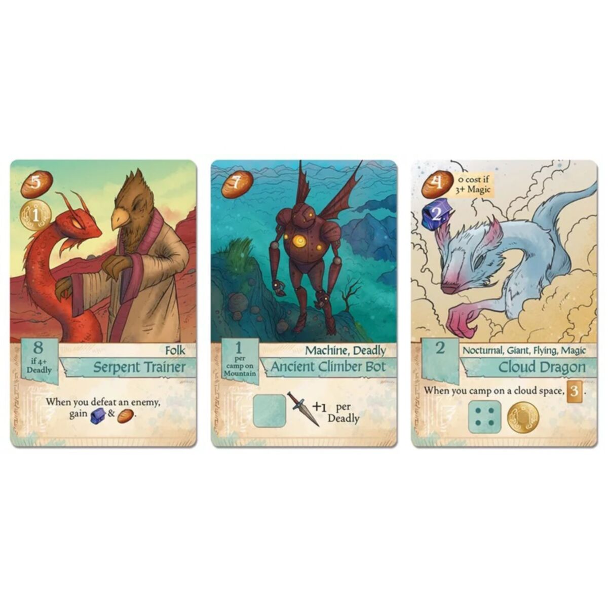Creature Caravan Board Game Three fantasy game cards featuring different creatures on a white background