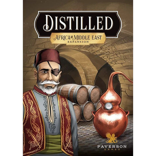 Game box for 'Distilled: Africa and the Middle East Expansion' by Paverson Games with a character and distillation apparatus illustration.