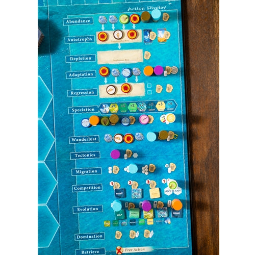 Dominant Species Marine Board game component with colorful tokens on a blue action display