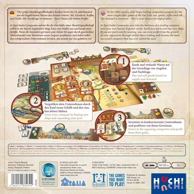 East India Companies Board game packaging with game pieces and text on a beige background