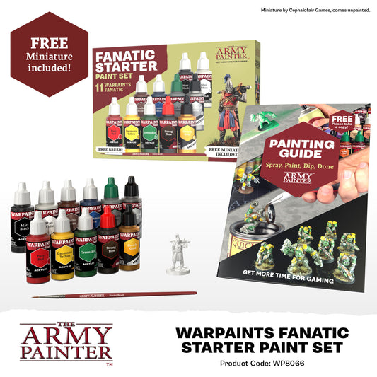 The Army Painter Warpaints Fanatic Starter Paint Set with paint bottles, brush, and painting guide on a white background.