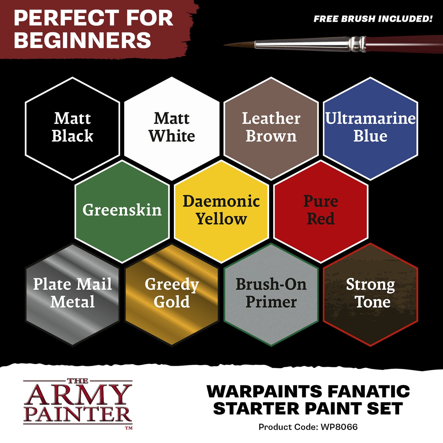 Hexagonal color swatches with paint names and 'The Army Painter' branding.