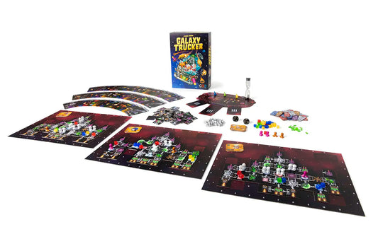 Galaxy Trucker Board game set up with pieces and a box labeled 'Galaxy Trucker' on a white background
