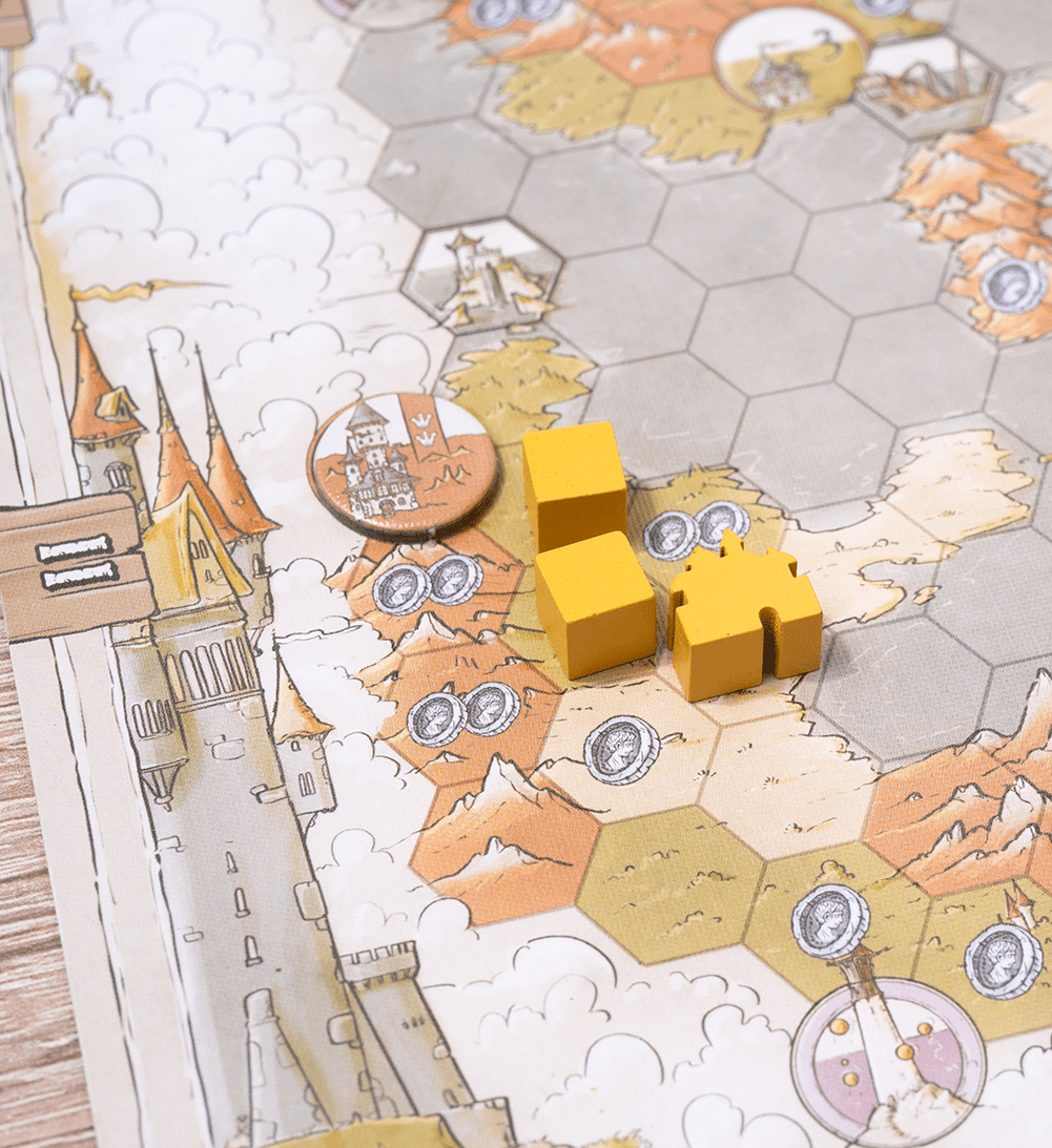 Board game setup with hexagonal tiles and wooden pieces on a detailed map.