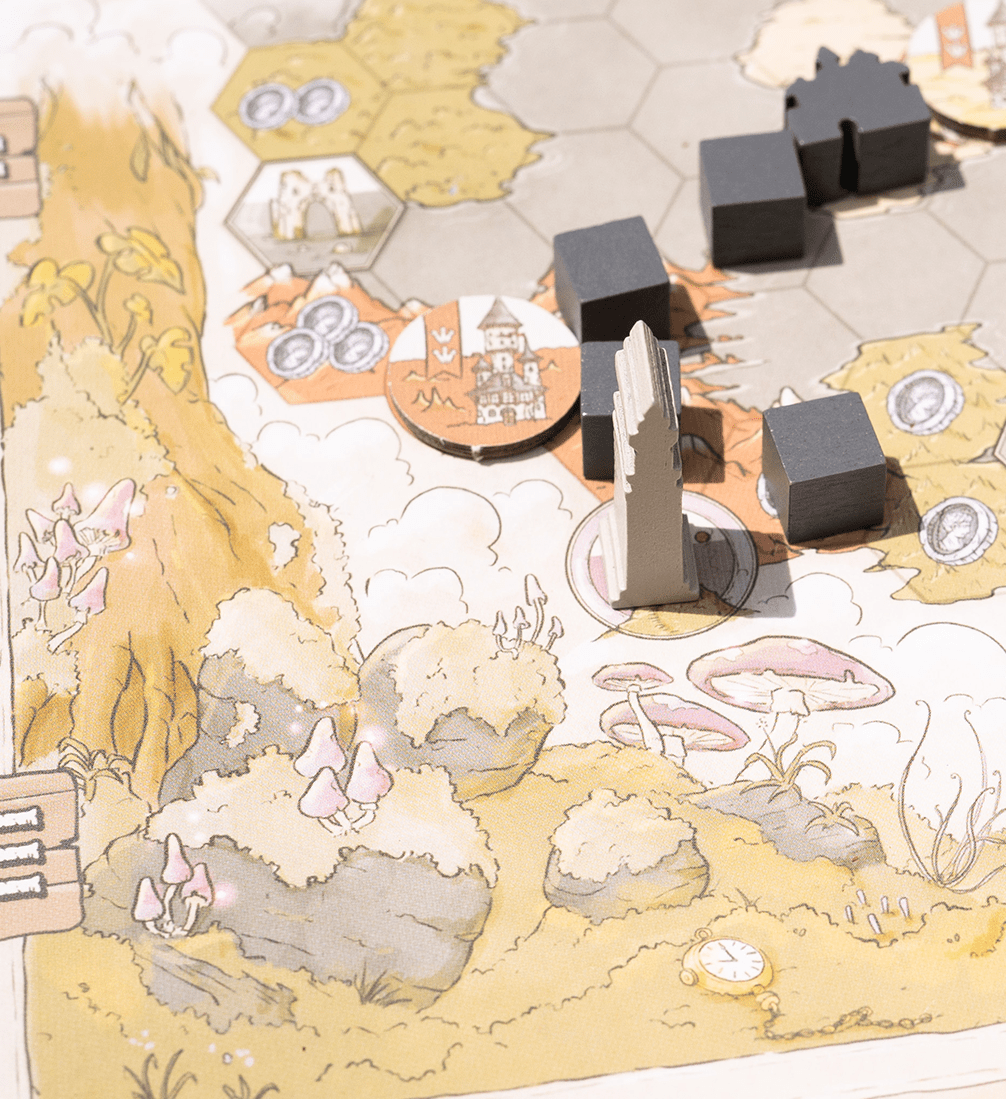Board game setup with hexagonal tiles and game pieces on a map, featuring 'The Guild of Merchant Explorers' branding.