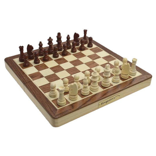 Wooden chessboard with chess pieces on a white background