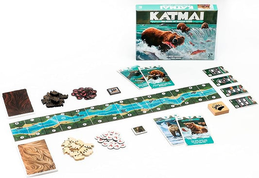Board game set with 'Katmai' packaging featuring a bear, on a white background.