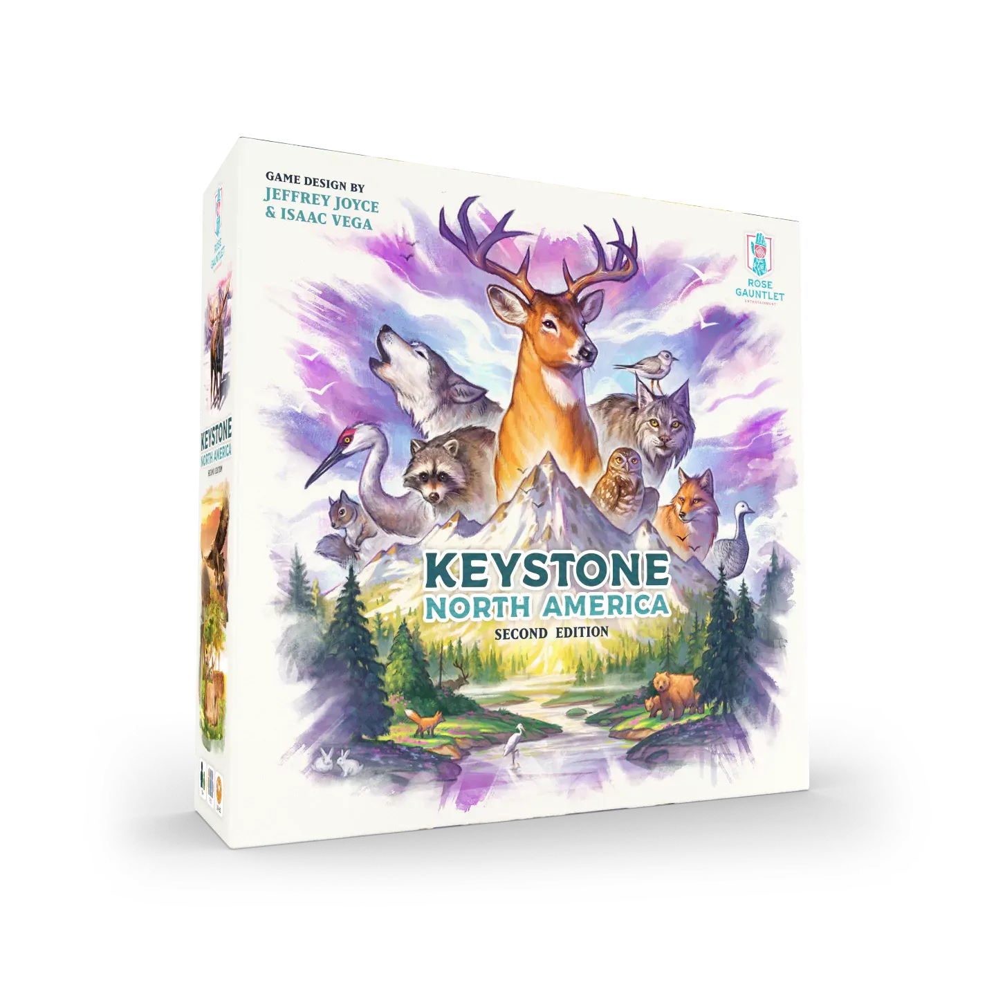 Board game box titled 'Keystone North America' with forest and animal illustrations on a white background.