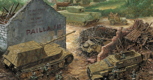 Memoir 44 Equipment pack military scene painting showing several tanks and armored vehicles in a war-torn town street, with ruined buildings, debris piles, and soldiers visible in the foreground.
