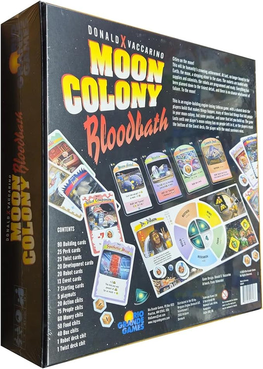 Board game box for 'Moon Colony Bloodbath' by Donald X Vaccarino with colorful cards displayed on the back.
