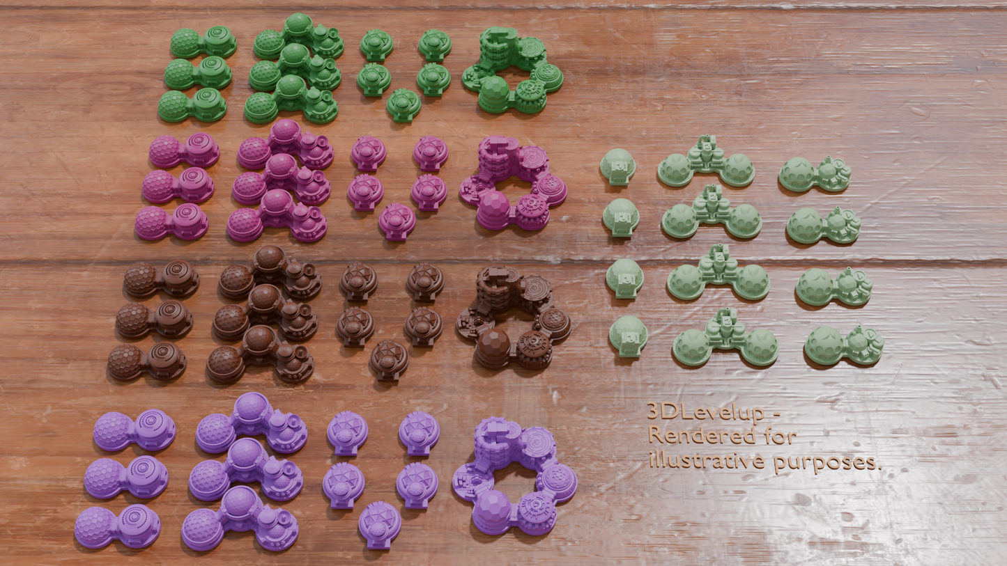 Collection of small 3D-printed models on a wooden surface for Shackleton Base