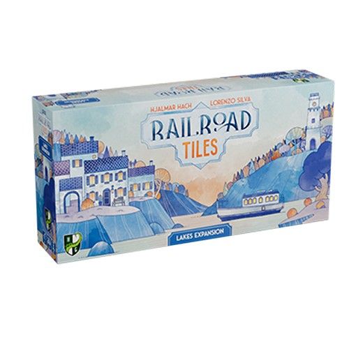 Board game box for 'Railroad Tiles' with scenic design on a white background