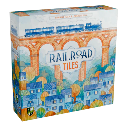Board game box for 'Railroad Tiles' with train and architectural design.