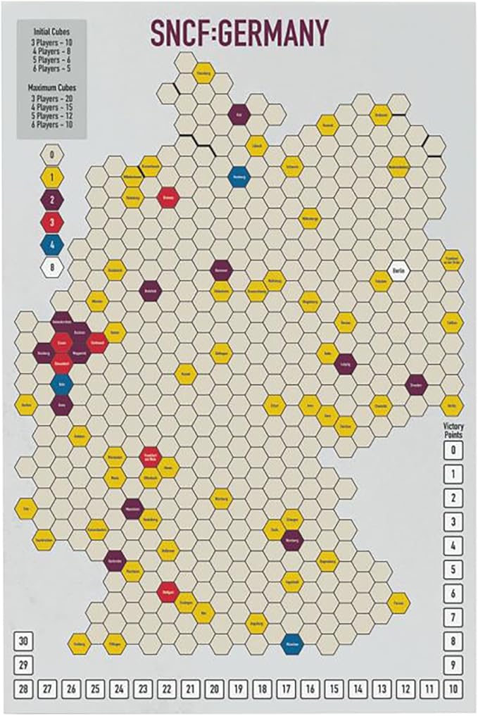 Hexagonal grid map of SNCF-Germany with colored markers on a light gray background