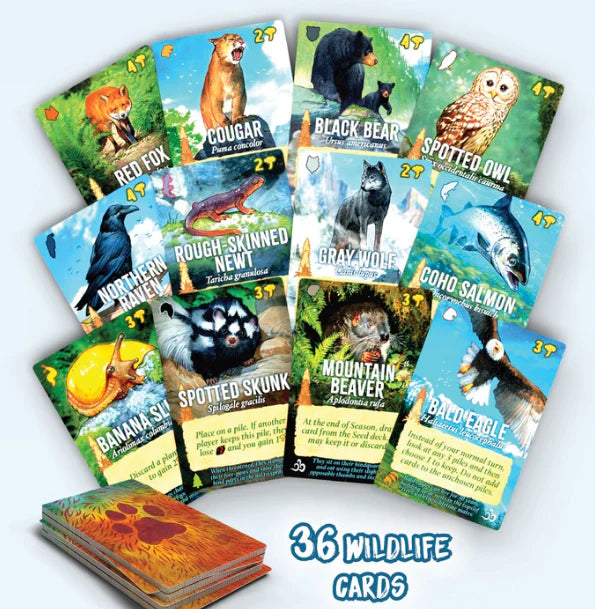 Canopy board game with a Set of wildlife cards with various animals on a white background