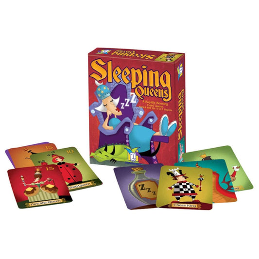 Board game set with 'Sleeping Queens' box and cards on a white background
