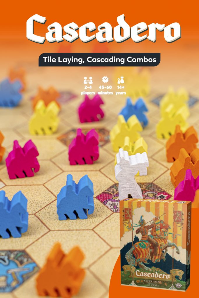 Board game 'Cascadero' with colorful tiles on a wooden board and game box.