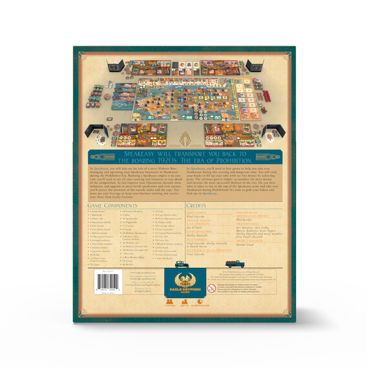 Board game box with detailed components list on a beige background