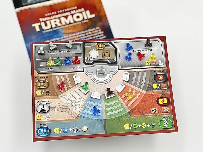 Board game set with pieces and a box labeled 'Turmoil' on a white background