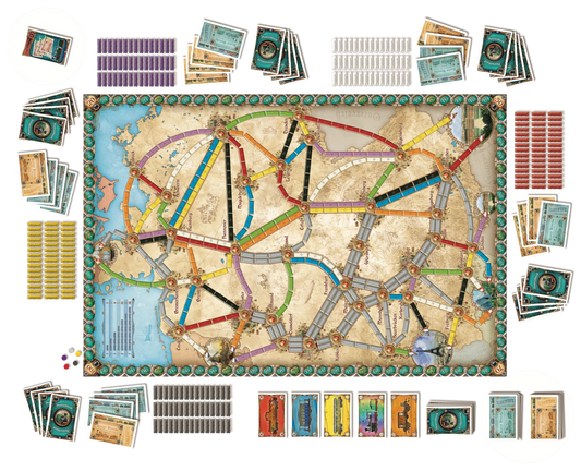 Ticket to ride germany Board game with colorful map and various cards on a white background