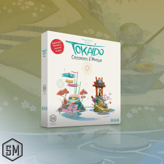 Board game box titled 'Tokaido' on a decorative background