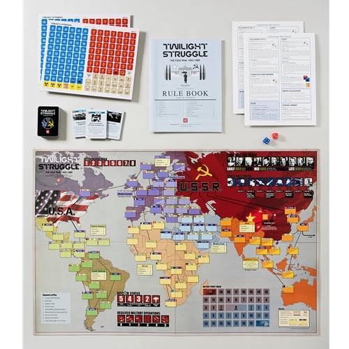 World map with game pieces and 'Twilight Struggle' rulebook on a wall