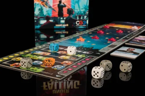 Under Falling Skies Board game with dice and cards on a reflective surface, with a blurred background of people and a board game box.