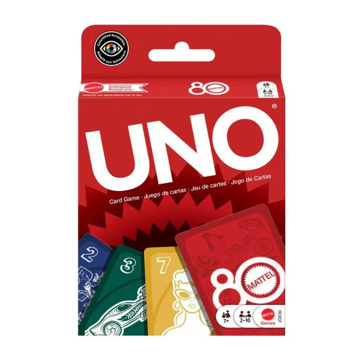 UNO 80th Edition card game packaging with red background and Mattel logo