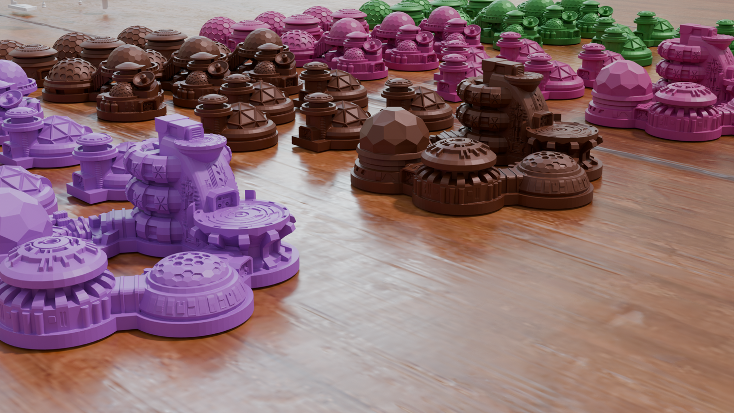 3D-printed models in purple and brown on a wooden surface for the board game Shackleton Base available to purchase at 3Dlevelup